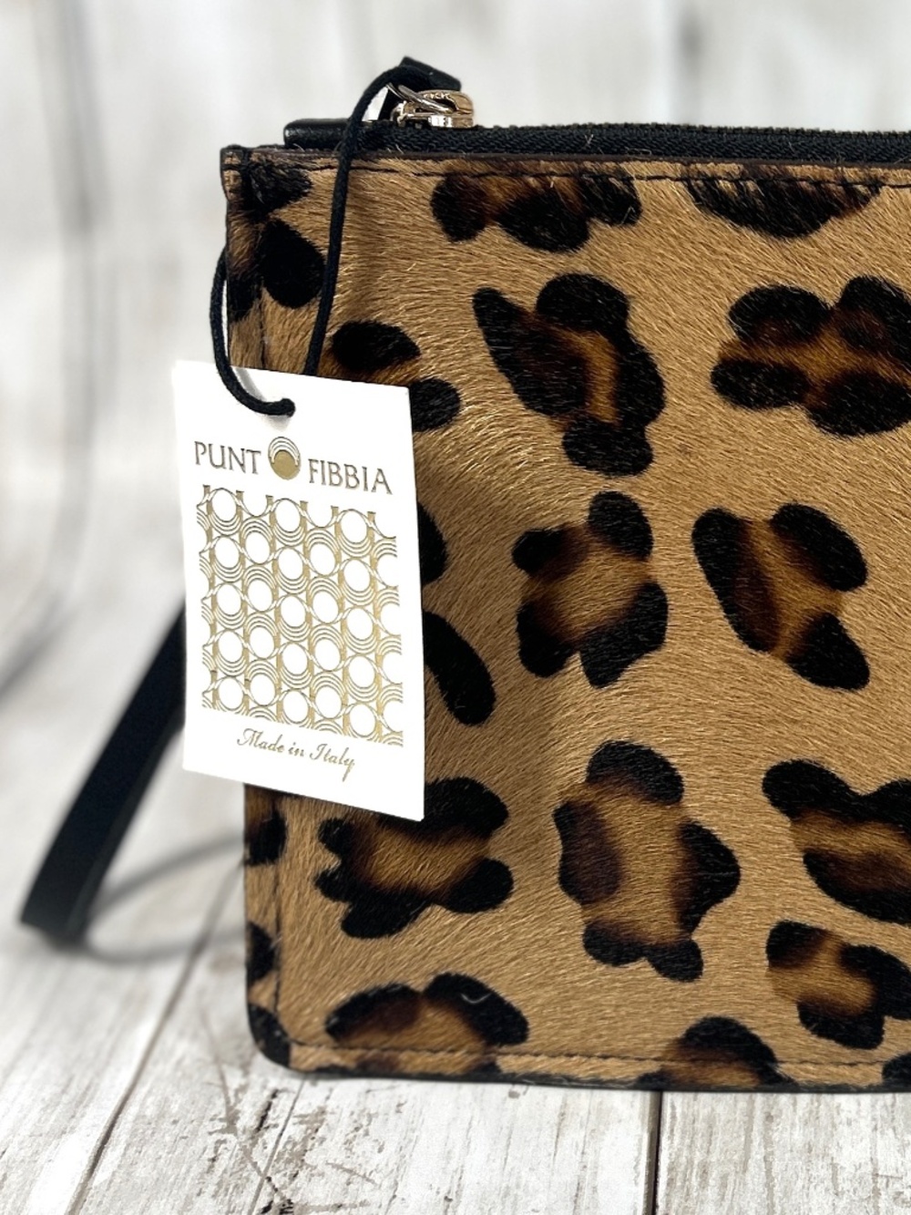 Punt Fibbia Leopard Print Clutch Wristlet Genuine Leather & Pony Hair